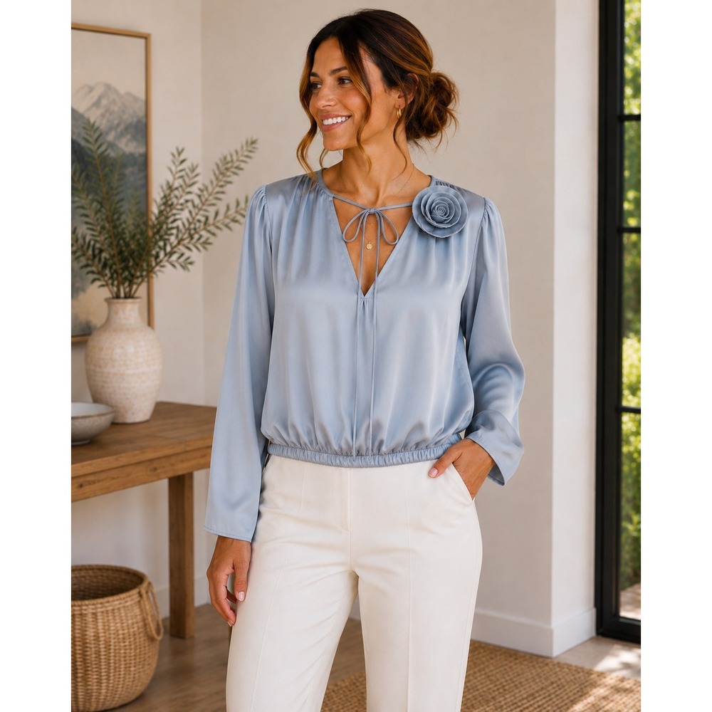 ASTR The Label Blouse Womens Medium Powder Blue Rosette Satin Wrap ACT18182